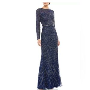 Mac Duggal Navy and Silver Long Sleeve Gown